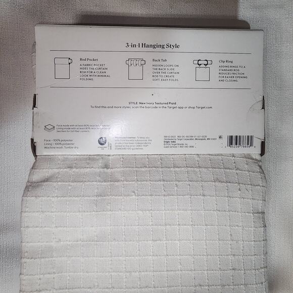 Threshold black out curtain set W 54'' x L 63'' New ivory texture plaid - Picture 4 of 9